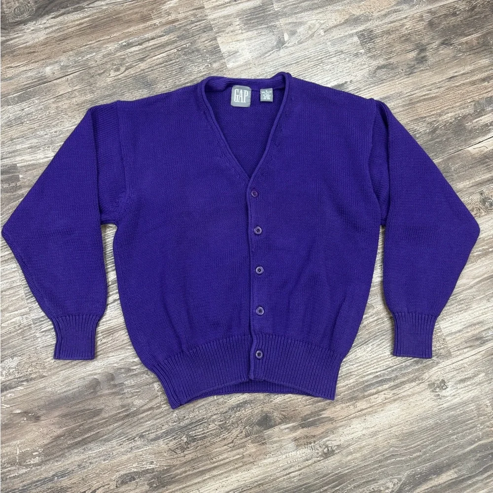 Vintage 90s GAP Purple Cotton Cardigan Sweater Minimalist Classic S - Picture 2 of 7